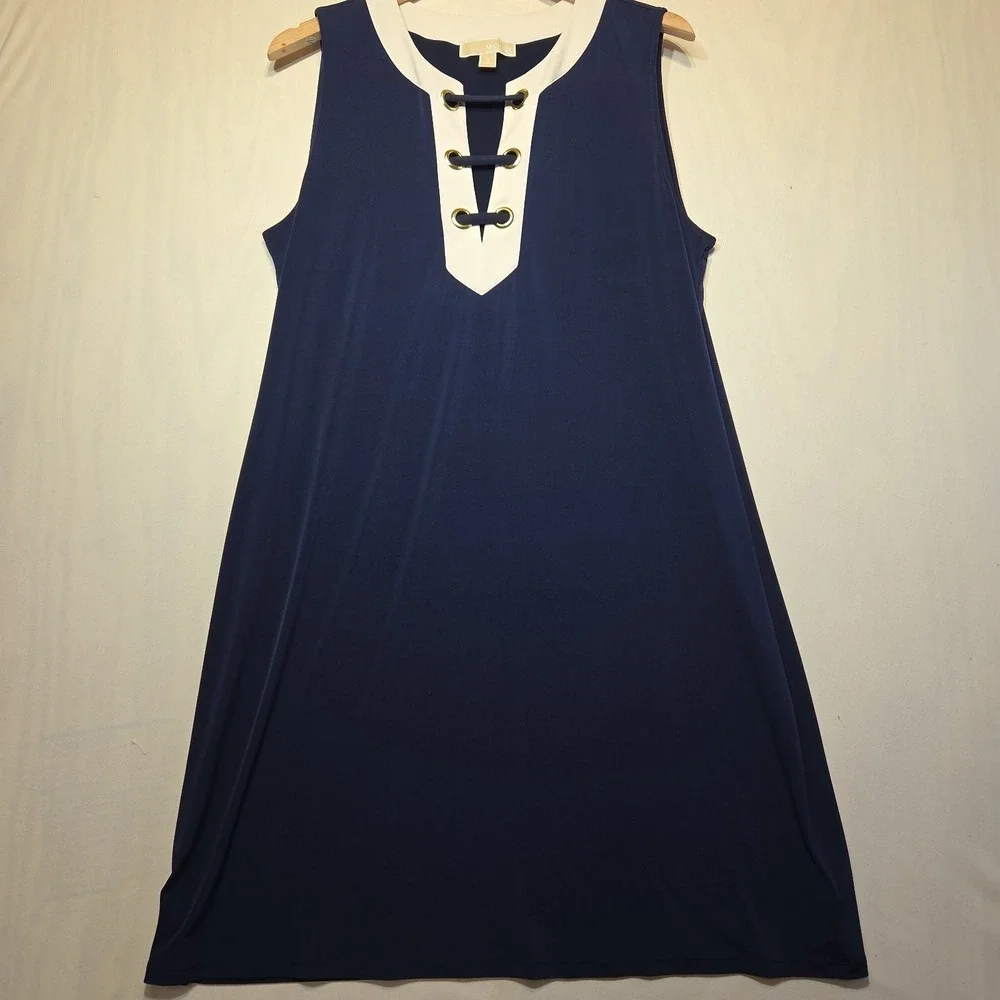Michael Kors 1X Navy Shift Dress Gold Grommet Lace Up Sleeveless Plus Size
